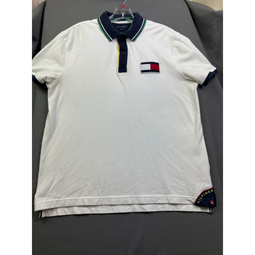 Tommy Hilfiger‎ Men White Sailing TH-065 Flag Pique Polo Shirt Large Stretch L/G